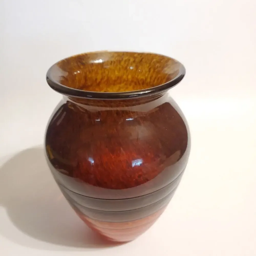 Vintage Bohemian Czech Art glass Vase Orange Brown Swirl specked Pattern 8